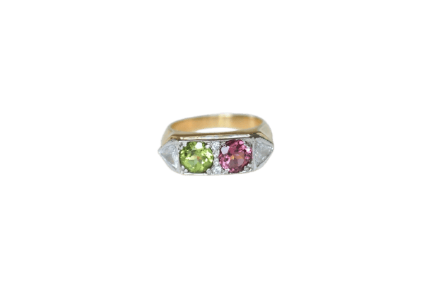 Bague 55 Bague en or jaune 18 ct péridot, tourmaline rose et diamants 58 Facettes