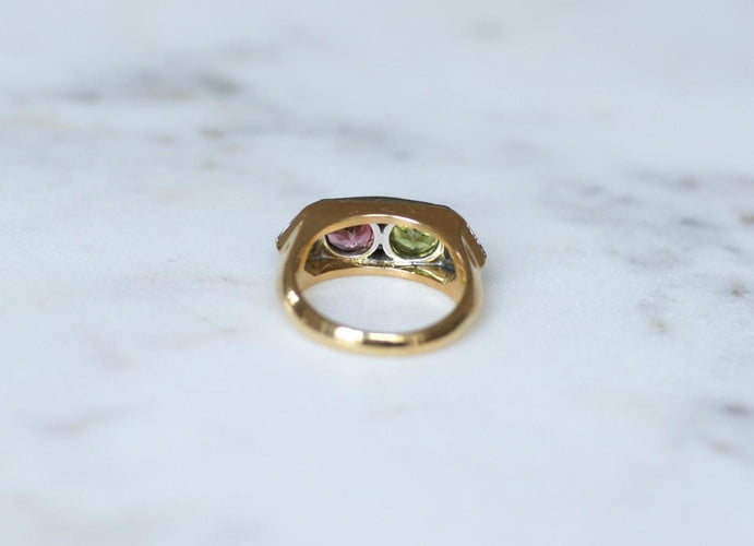 Bague 55 Bague en or jaune 18 ct péridot, tourmaline rose et diamants 58 Facettes