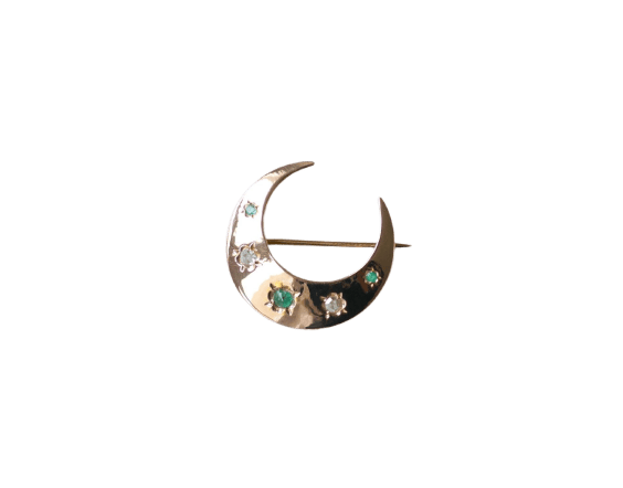 Broche Broche - Croissant de lune en or rose, diamants et émeraudes 58 Facettes