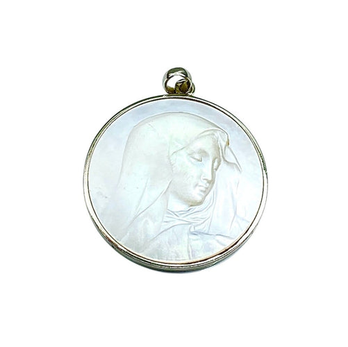 Pendentif Médaille Vierge en nacre et or blanc 18 carats, 26,5 mm 58 Facettes AB697