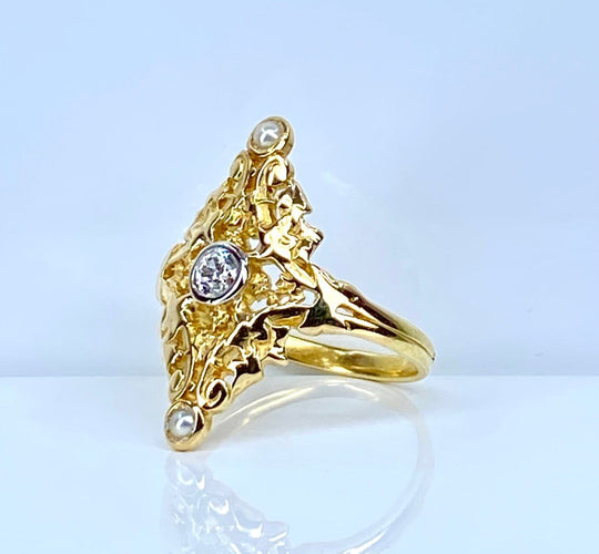 Bague 56 Bague marquise en or jaune 18 carats avec diamant et perles 58 Facettes AB704