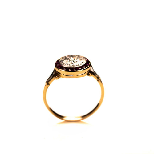 Bague 53 Bague cible ancienne en or jaune et platine, diamants et rubis synthétiques 58 Facettes LMB-343