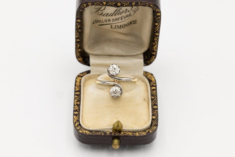 Bague 54 Toi et Moi - Bague en or jaune 18 carats et platine, diamants 0,85 ct 58 Facettes 11996