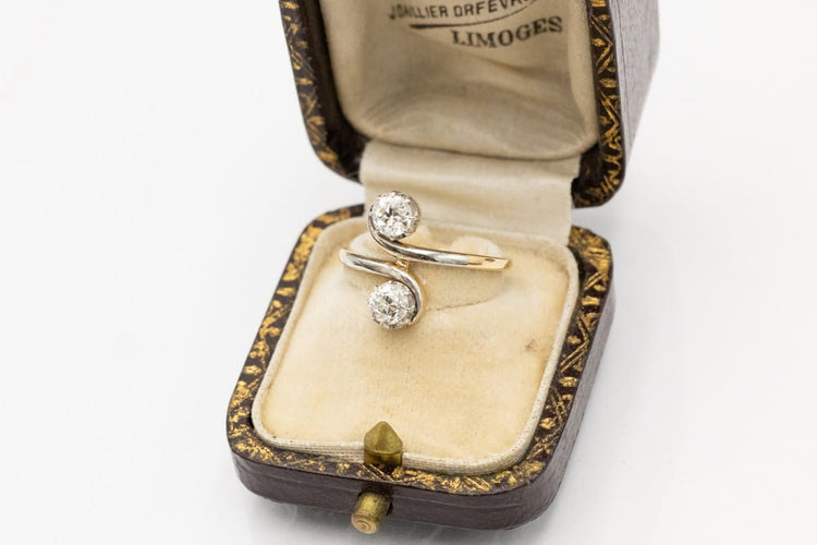 Bague 54 Toi et Moi - Bague en or jaune 18 carats et platine, diamants 0,85 ct 58 Facettes 11996