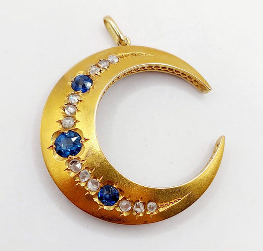 Pendentif Pendentif croissant de lune victorien en or 18k, saphirs et diamants 58 Facettes A06853