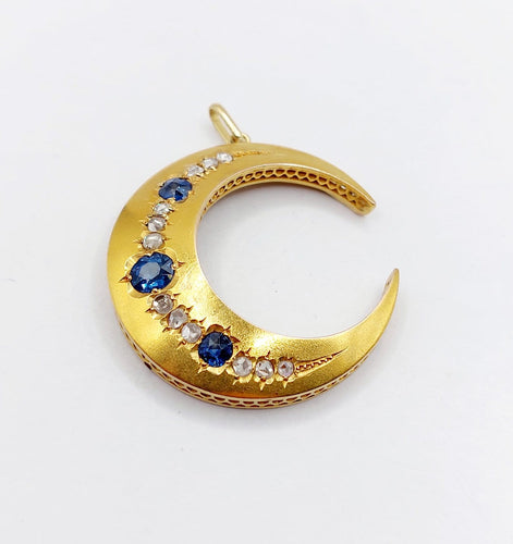 Pendentif Pendentif croissant de lune victorien en or 18k, saphirs et diamants 58 Facettes A06853