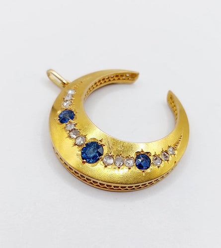 Pendentif Pendentif croissant de lune victorien en or 18k, saphirs et diamants 58 Facettes A06853