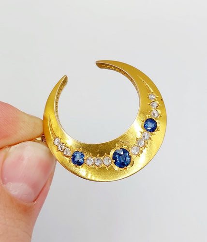 Pendentif Pendentif croissant de lune victorien en or 18k, saphirs et diamants 58 Facettes A06853