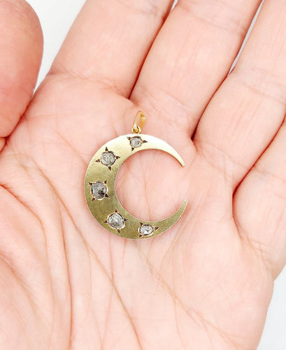 Pendentif Pendentif croissant de lune antique en or 18k et diamants taille rose 58 Facettes A06855