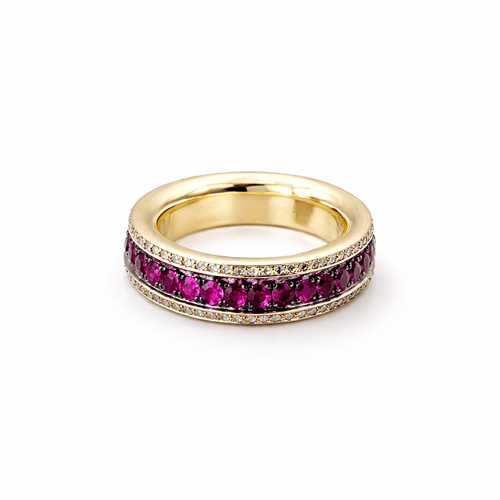 Bague 52 Bague bandeau en or jaune 18k avec rubis et diamants 58 Facettes 50384