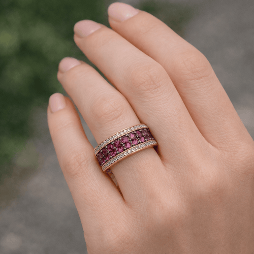 Bague 52 Bague bandeau en or jaune 18k avec rubis et diamants 58 Facettes 50384