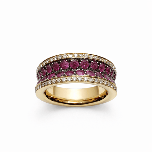 Bague 52 Bague bandeau en or jaune 18k avec rubis et diamants 58 Facettes 50384