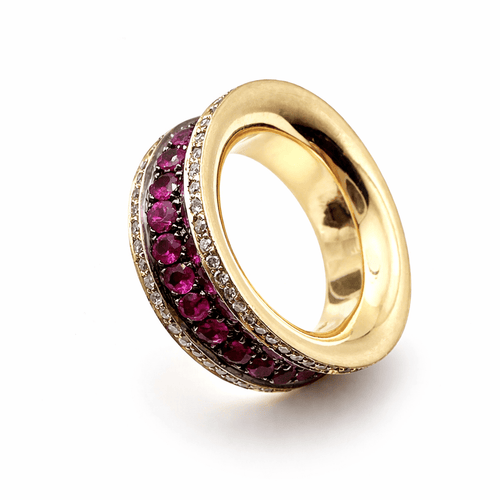 Bague 52 Bague bandeau en or jaune 18k avec rubis et diamants 58 Facettes 50384