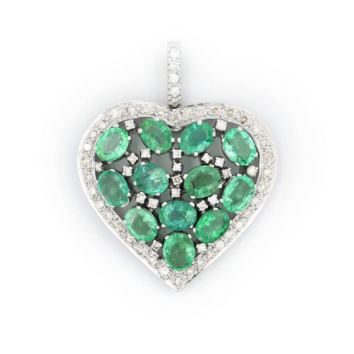 Pendentif Pendentif cœur en or blanc orné d'émeraudes de Zambie (4,2 ct) et de diamants 58 Facettes 22753