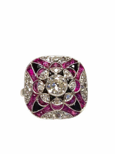 Bague 57.5 Bague Art déco en platine avec diamants, rubis et onyx 58 Facettes 1112094