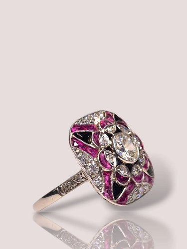 Bague 57.5 Bague Art déco en platine avec diamants, rubis et onyx 58 Facettes 1112094