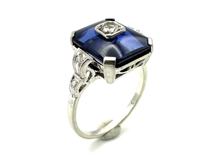 Bague 54 Bague Art déco en or blanc 580/00, saphir synthétique et diamants 58 Facettes BAGUE VINTAGE