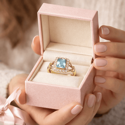 Bague 57 Bague halo en or jaune 18k avec aigue-marine et diamants 58 Facettes 50381