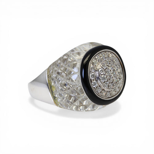 Bague 54 David Webb - Bague en or blanc avec diamants et cristal de roche 58 Facettes