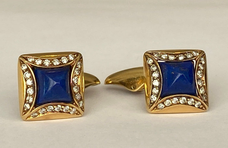 Boucles d'oreilles Boucles d’oreilles en or jaune 18 ct lapis-lazuli et diamants 58 Facettes ring