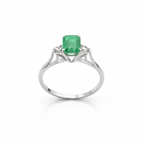 Bague 56 Bague en or blanc 18 carats avec émeraude et diamants 58 Facettes Bague en or blanc, émeraude & diamants