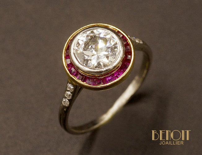 Bague Art déco - Bague en platine et or jaune, diamant et rubis 58 Facettes A10098
