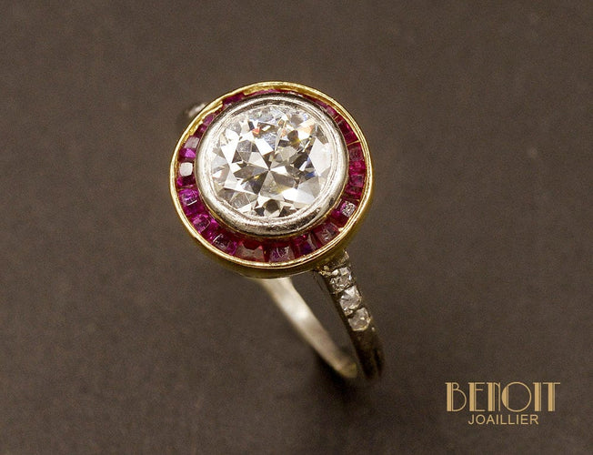 Bague Art déco - Bague en platine et or jaune, diamant et rubis 58 Facettes A10098