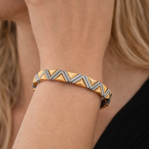 Bracelet Bvlgari Piramide - Bracelet manchette en or jaune 18k et acier 58 Facettes