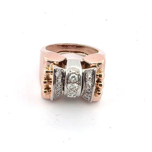 Bague 52 Bague années 80 style demodè en or rose et blanc 18 ct diamants 58 Facettes 223/26 C