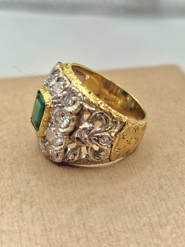 Bague 55 Bague vintage style florentin gravée en or 18 ct, émeraude et diamants 58 Facettes CV-024