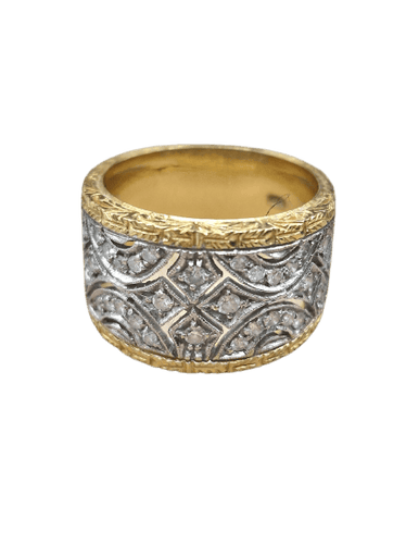 Bague 53 Bague gravée style florentin des années 1980 en or 18 ct et diamants 58 Facettes CV-025