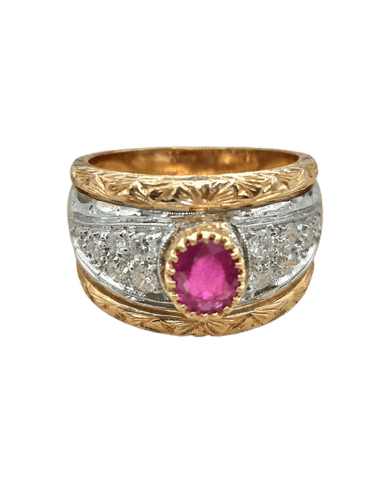 Bague 52 Bague gravée florentine avec rubis en or rose et blanc 18 ct 58 Facettes CV-027