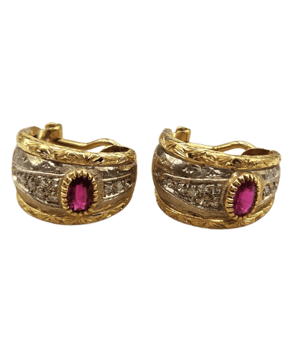 Boucles d'oreilles Boucles d’oreilles gravées florentines en or 18 ct et rubis 58 Facettes CV-028