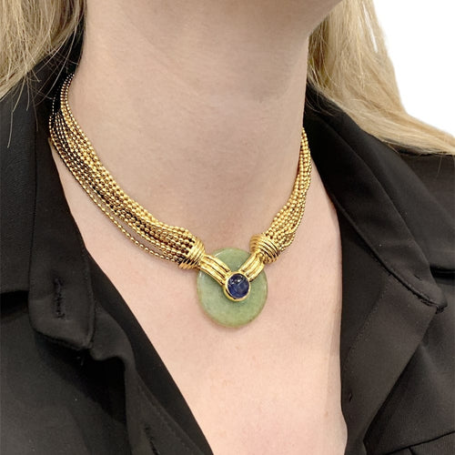 Collier Collier Verney, or jaune, jade et saphir. 58 Facettes 35523