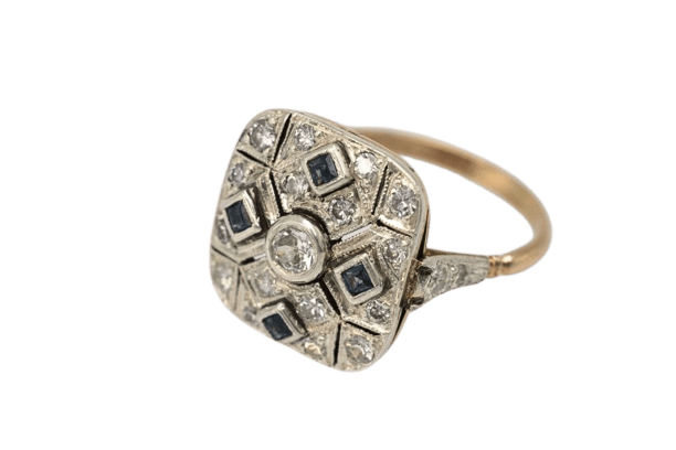 Bague 54 Bague Art déco géométrique en or jaune 585 avec diamants et saphirs 58 Facettes 9898