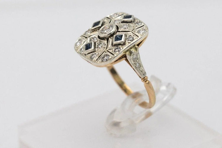 Bague 54 Bague Art déco géométrique en or jaune 585 avec diamants et saphirs 58 Facettes 9898