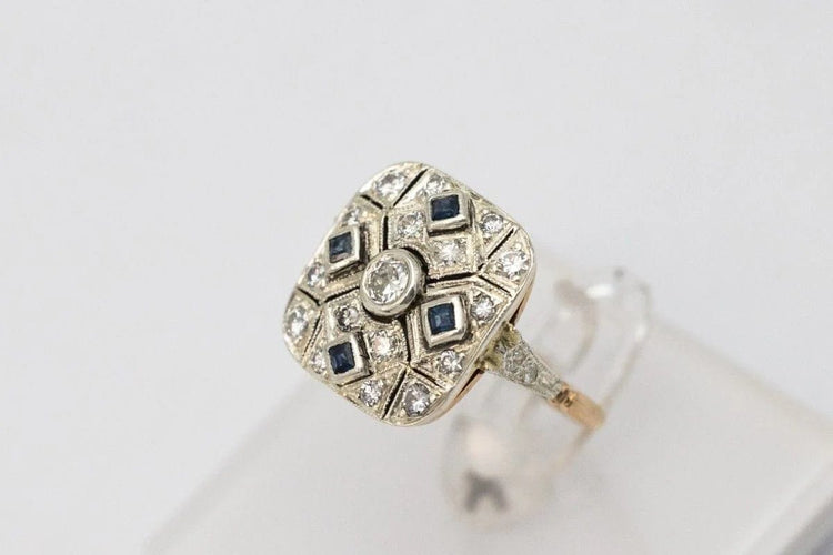 Bague 54 Bague Art déco géométrique en or jaune 585 avec diamants et saphirs 58 Facettes 9898