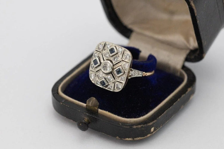 Bague 54 Bague Art déco géométrique en or jaune 585 avec diamants et saphirs 58 Facettes 9898