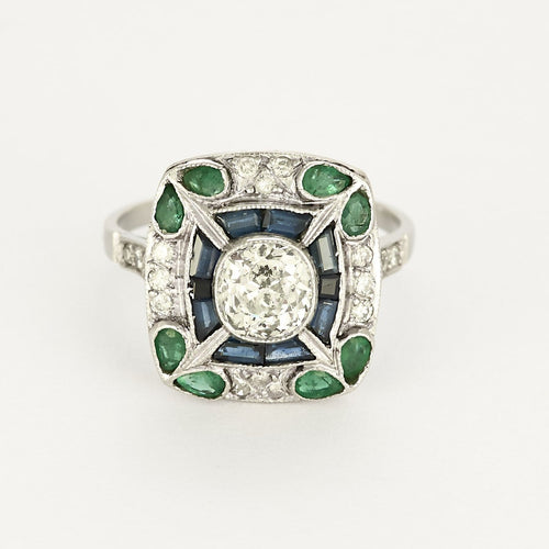 Bague 51 Élégante bague en or blanc , diamants, émeraudes et saphirs de style Art déco 58 Facettes 58FC49