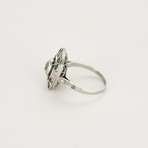 Bague 51 Élégante bague en or blanc , diamants, émeraudes et saphirs de style Art déco 58 Facettes 58FC49