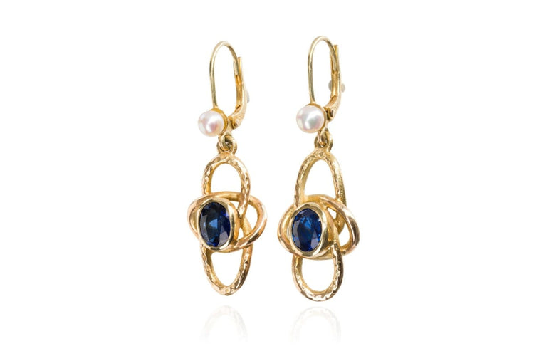 Boucles d'oreilles Demi-parure - Ensemble de bijoux en or jaune avec saphirs et perles 58 Facettes 12002