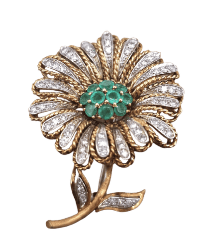 Broche Broche motif fleur vintage en or jaune 18 ct, diamants et émeraudes 58 Facettes CV-033
