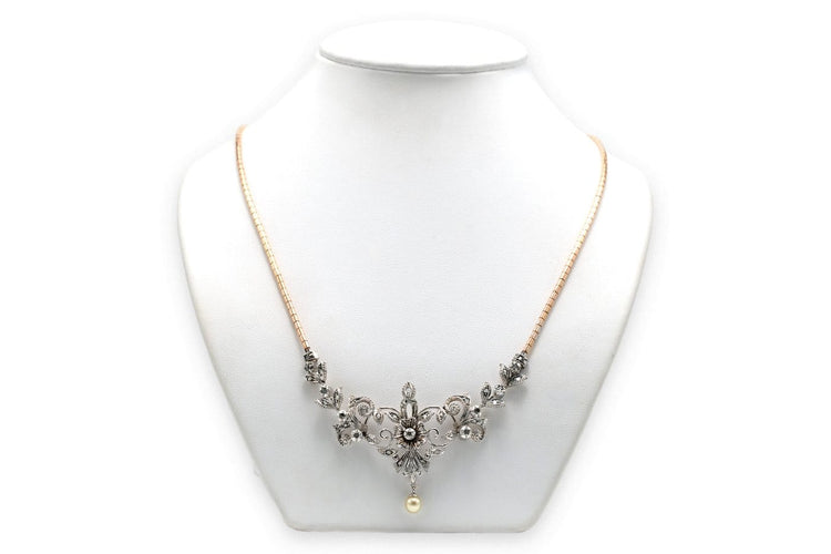 Collier Collier Art nouveau - Pendentif en or jaune et blanc 18 carats, diamants et perle 58 Facettes 23690