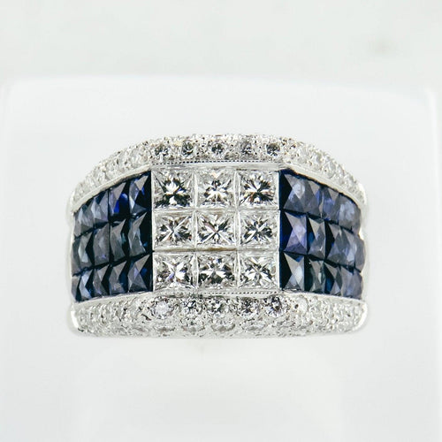 Bague cocktail en or blanc 750 avec saphirs et diamants taille princesse 58 Facettes 1710
