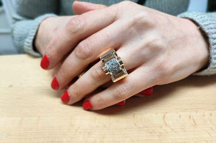 Bague 52 Bague Tank en or rose 18K et platine, diamants taille rose 58 Facettes BAG.TANK-2196.2