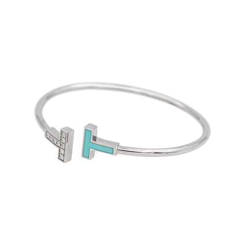 Bracelet Tiffany & Co Bracelet  Tiffany T  Or blanc Diamant, Turquoise 58 Facettes 5006195RV