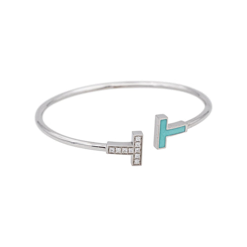 Bracelet Tiffany & Co Bracelet  Tiffany T  Or blanc Diamant, Turquoise 58 Facettes 5006195RV