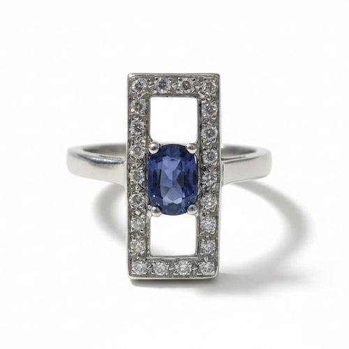 Bague 55 Bague rectangulaire en or blanc avec saphir et diamants 58 Facettes 1-0001052/2