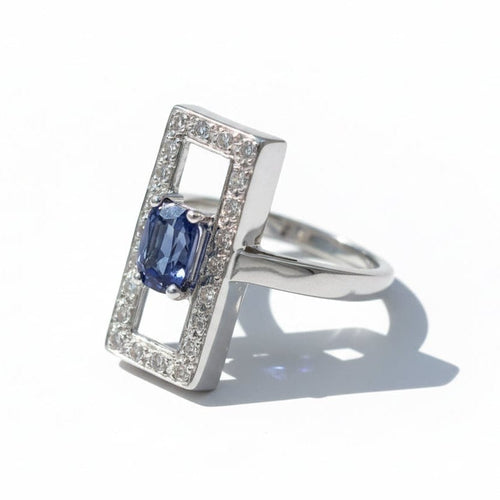 Bague 55 Bague rectangulaire en or blanc 18 carats avec saphir et diamants 58 Facettes 1-0001052/2