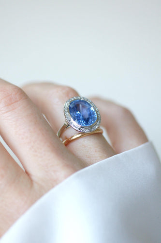 Bague 54 Bague Art déco saphir de Ceylan non chauffé 10,50 ct et diamants 58 Facettes